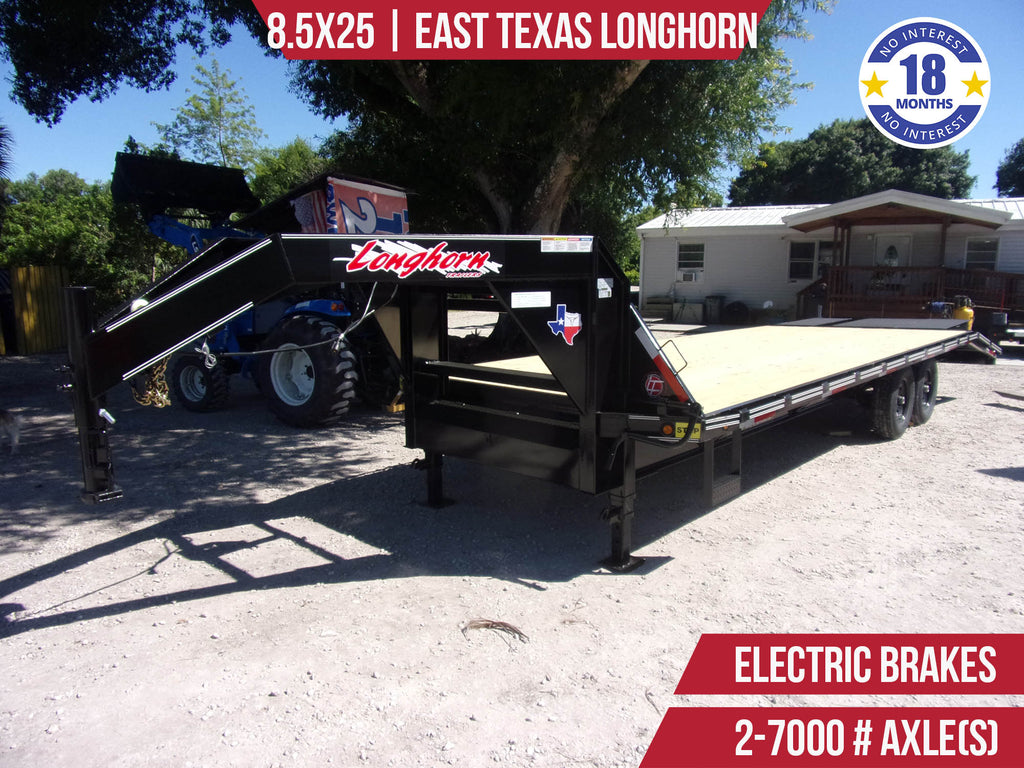 New 8.5x25 East Texas Longhorn Flatbed Gooseneck Trailer